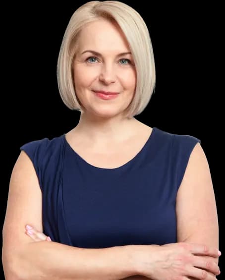 Blonde Middle Aged Woman With Blue Shirt